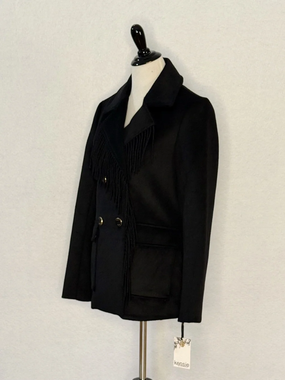 Kensie Fringe Wool Blend Peacoat Jacket Black Double Breasted Patch Pocket Small